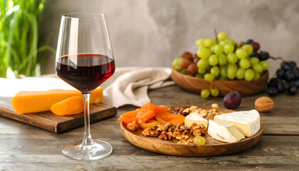Red Wine and Gourmet Cheese Platter with Grapes and Nuts