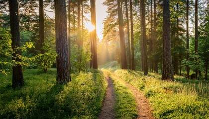 Fototapeta premium golden sunlight illuminates a serene forest path at dawn casting a magical glow on tall trees and lush green grass