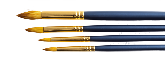 Set of five dark blue art brushes with golden bristles on a white background top view Isolated artists tools for painting and drawing Artistic accessories fo