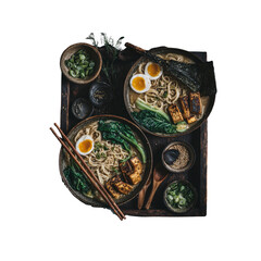 Delicious Vegan Ramen Bowls with Tofu and Soft Boiled Eggs - Overhead Shot