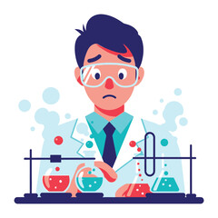 Science Experiment Gone Awry: A cartoon scientist stares in dismay at a failed experiment in a laboratory setting. The scene captures the drama and challenge of scientific endeavor.