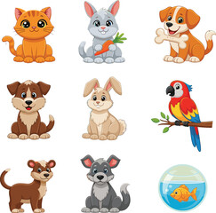 Cartoon pets, cute animals, dog, cat, rabbit, parrot, goldfish, puppy, pet care, children, fun illustration, animal grid
