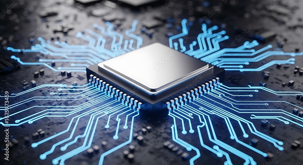 Poster closeup of a computer processor chip with glowing blue circuit board connections, tote bag mockup, c