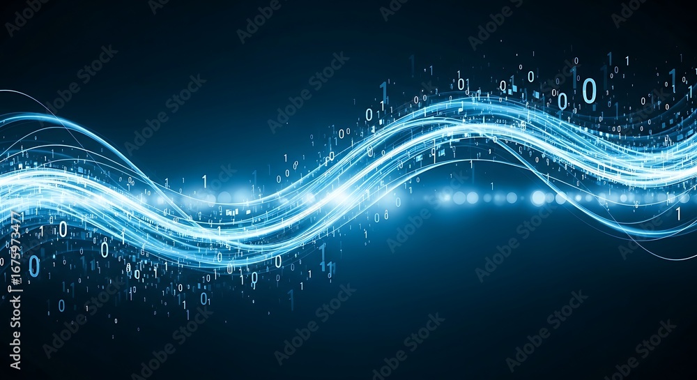 Poster abstract blue wave of light with binary code flowing through it, tote bag mockup, canvas tote bag mo