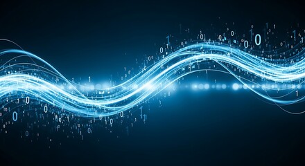 Abstract blue wave of light with binary code flowing through it