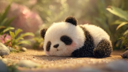 Cute panda cub resting in a sunlit garden