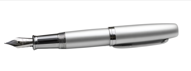 A silvercolored fountain pen with a clip isolated on a white background