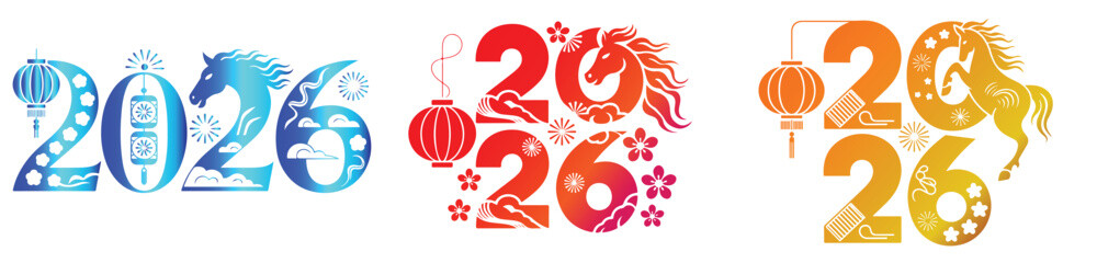 Celebrate the Year of the Horse 2026 with elegant Chinese New Year designs featuring glowing lanterns, fireworks, blossoms, and zodiac horse details in vibrant gradient styles for posters and branding