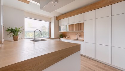 a white and wood toned minimalist kitchen with clean lines and clutter free counters