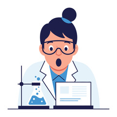 Fototapeta premium Eureka Moment: A female scientist wears lab coat and goggles, staring in astonishment as a vibrant chemical reaction unfolds in front of her, accompanied by a lab notebook and a laptop.