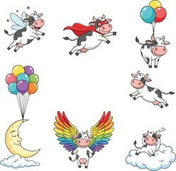 Flying cartoon cows, fantasy animal illustrations, whimsical bovine characters, superhero cow, fairy wings, balloon flight, kid-friendly vector bundle