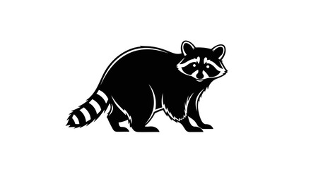 Stylized black and white raccoon illustration with masked eyes and striped tail design.