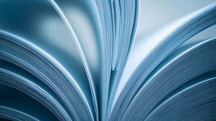 Fototapeta premium Intricate layers of a book's pages are artfully displayed in a close-up, featuring cool, muted tones and flowing curves.