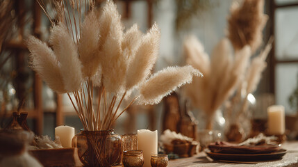 Décoration intérieure chaleureuse avec herbes sèches et bougies sur une table en bois