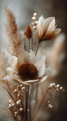 Arrangement floral avec des fleurs blanches et des éléments naturels dans des tons doux
