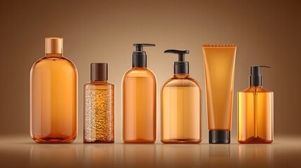 A collection of transparent, amber-hued cosmetic containers, arranged against a warm, brown backdrop, presents a stylish and modern aesthetic.