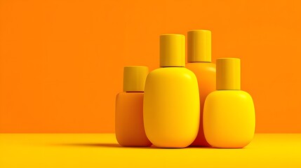 Stylish, vibrant yellow bottles arranged against a bold orange backdrop, showcasing a modern aesthetic.
