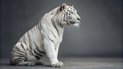 Majestic white tiger sitting gracefully on gray background in studio shot