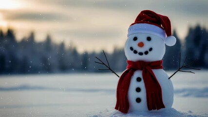 Happy snowman wearing a santa hat and red scarf with falling snow on a winter Christmas landscape at sunset footage. - Powered by Adobe