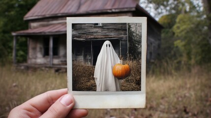 Hand holding vintage instant photo revealing ghostly figure carrying pumpkin near dilapidated farmhouse, creating eerie nostalgic halloween atmosphere with autumn undertones