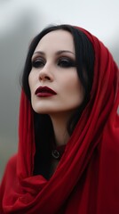 Gothic woman with striking dark makeup and bold red lipstick, wearing a vibrant red hood and a dark choker, posing elegantly outdoors against a softly blurred background