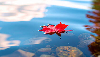 静止した水面に浮かぶ紅葉の背景_2