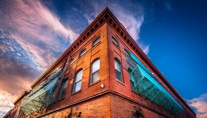 aged brick building corner under a vivid sky featuring architectural details and protective mesh