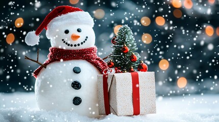 Fototapeta premium Smiling snowman holding small Christmas tree decorated with ornaments and lights, glowing holiday atmosphere in snowy evening.