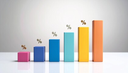 Six multicolored vertical bars ascending with percentage symbols on glossy reflective surface
