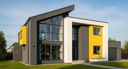 Modern architectural masterpiece featuring bold yellow accents and expansive glass facades