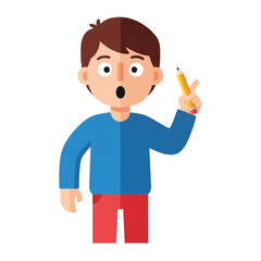 Eureka Moment: A cartoon illustration of a young boy, bursting with a light bulb moment, as he triumphantly raises a pencil, his face filled with delight and wonder.