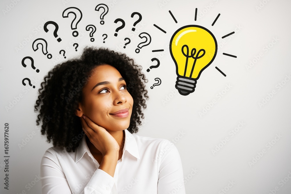 Poster thoughtful businesswoman with idea light bulb and question marks on abstract light background illust