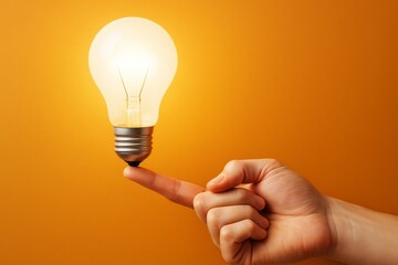 Human hand balancing glowing light bulb on fingertip on vibrant orange background, symbolizing innovation, business ideas, and creativity concept.