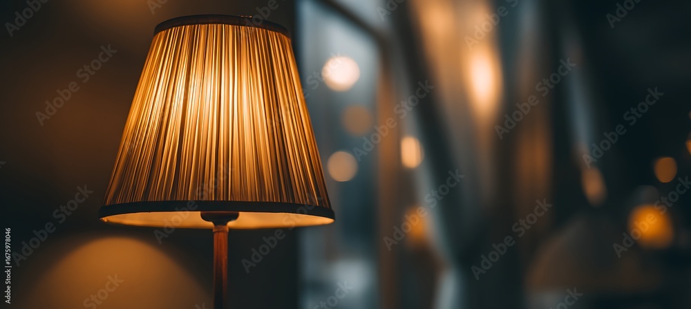 Poster close up of a vintage table lamp with a patterned shade, creating a warm and cozy atmosphere in a di
