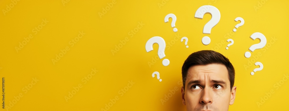 Poster confused man looking up at floating question marks on bright yellow background with space for text o