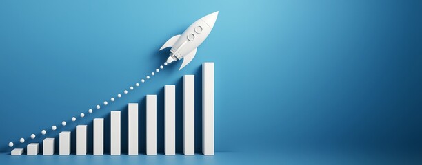 White rocket launching upwards over growing bar chart on blue background symbolizing business success and innovation with space for copy.