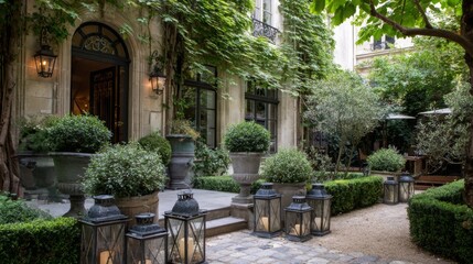 Lush courtyard with elegant lanterns and greenery in a historic building at dusk