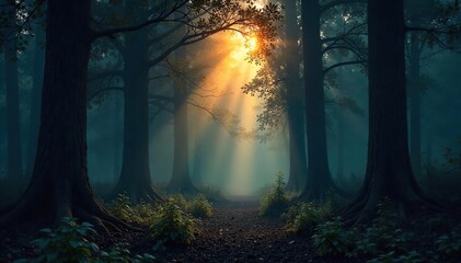 Mysterious, shadowy depths of a dark forest at twilight Ancient trees loom, sunlight barely piercing the dense canopy A sense of mystery and the unknown pervades the scene , soil, depth, trail