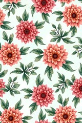 Decorative seamless floral pattern with pink dahlia flowers and green leaves