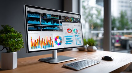 Data visualization on a modern workstation with graphs, charts, and analytics displayed on a sleek monitor in a bright office environment