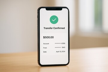 Smartphone showing successful mobile bank transfer confirmation screen with $500 amount on wooden desk and blurred light background indoors. Ai generative