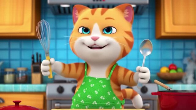 A cheerful orange-and-white cartoon cat in a green apron poses playfully in the kitchen, holding a whisk and spoon, smiling brightly in a 3D animated cooking scene.