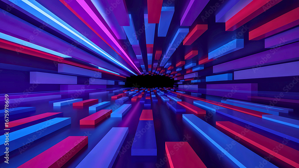 Poster dynamic digital pathway illuminated by neon glow, a futuristic abstract tunnel of vibrant blocks cre