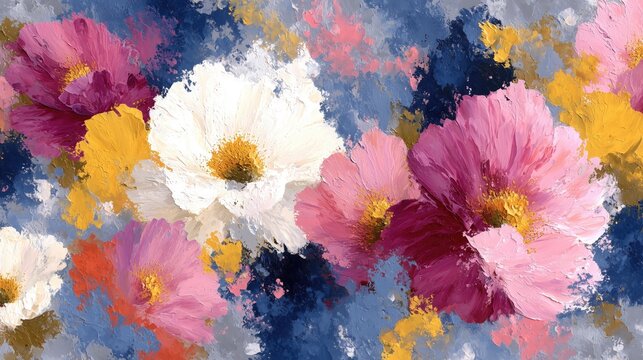 Textured oil painting of colorful flowers in pink, white, yellow on blue background, ideal as wallpaper or decor for art and nature themes.