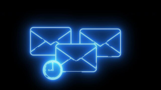 message collection icon and wall clock icon with neon effect