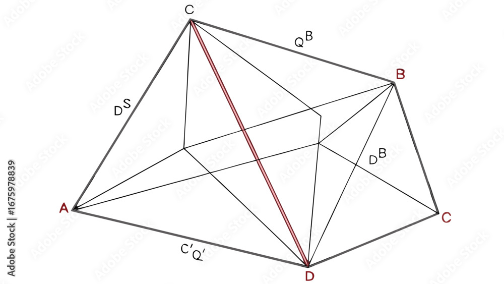 Poster geometric representation of a three dimensional shape with labeled points and lines in perspective v