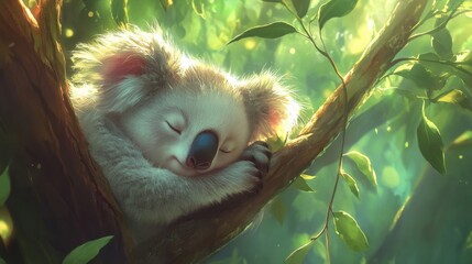 Fototapeta premium Sleeping Koala in Lush Greenery Under Soft Sunlight