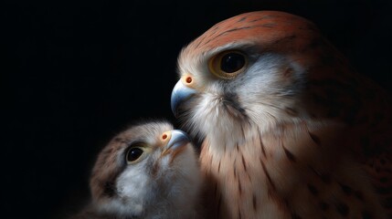 Two beautiful birds gaze at each other in a captivating moment of connection. The warm colors highlight their features against a dark background. Perfect for nature lovers. AI
