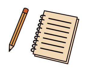 Pencil and notebook isolated on white background. Doodle style