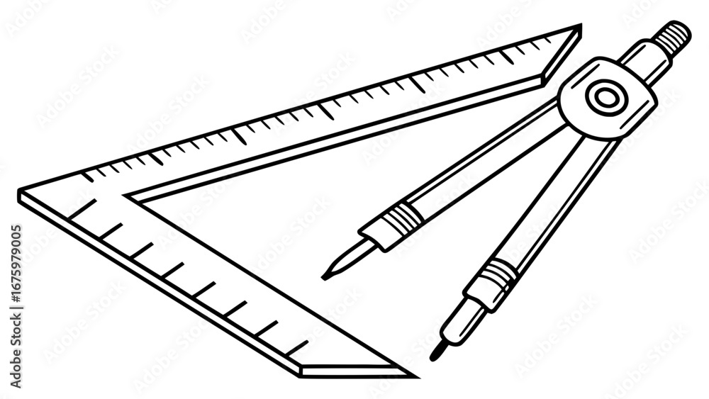 Poster illustration of a right triangle ruler and a drawing compass on a white background in vector format